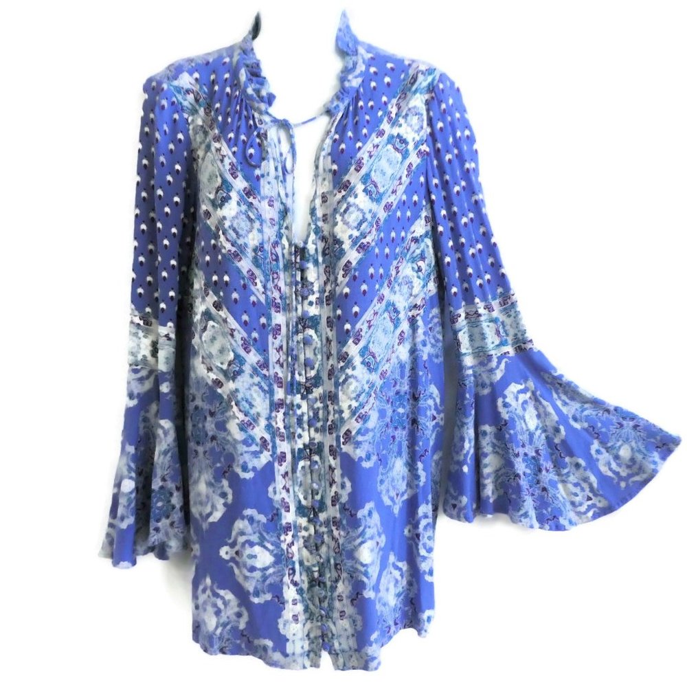 Free People Tunic Top Blue Purple Geo Floral Long Bell Sleeves Ruffle Collar S